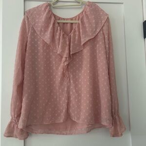 LOFT Pink Textured Blouse with Ruffle Detail